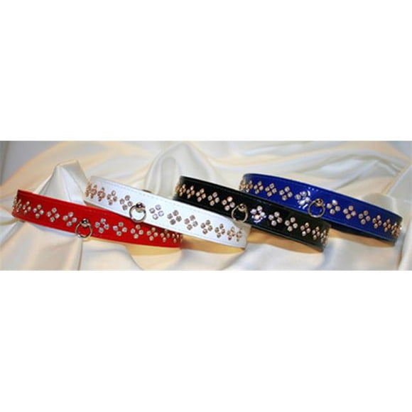 Leather Brothers 6146-WH14 14 in. x .5 in. White Patent Leather Crystal Dog Collar with Center D-Ring