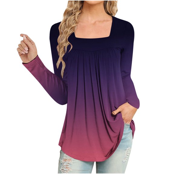 ShomPort Casual Fall 2023 Tops for Women Long Sleeve Pleated Front Tunic Tops Loose Dressy Gradient Color Blouse
