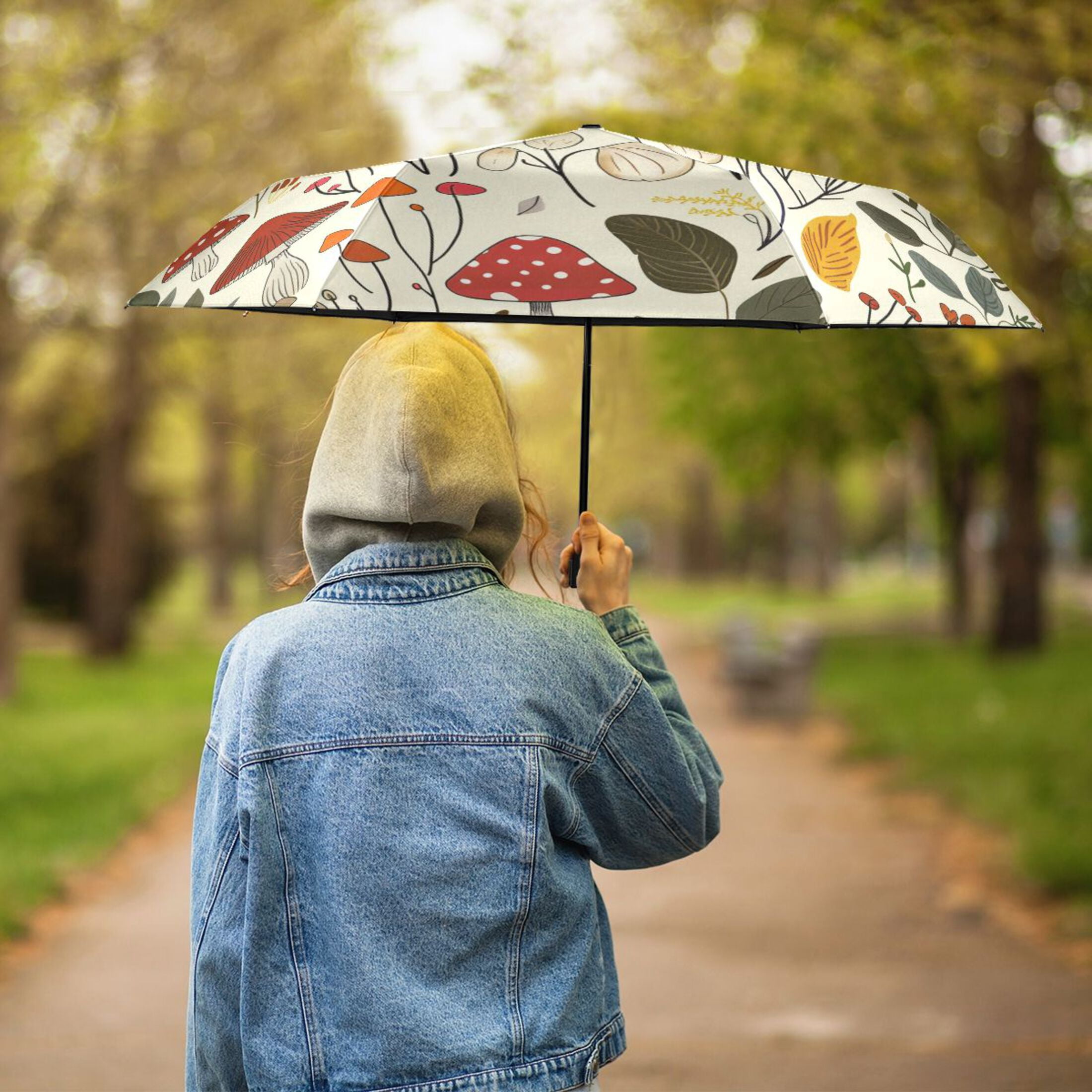 ALAZA Mushrooms Leaves UPF 50+ Compact Folding Umbrella for Rain Travel Umbrella Packable