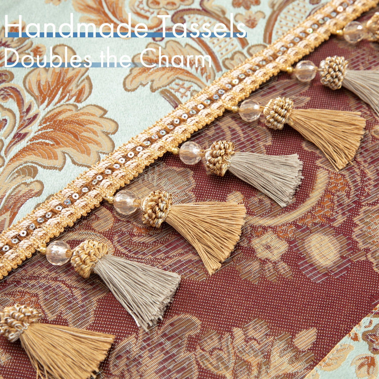 VOGOL Sky Blue Damask Valance, Baroque Swag Curtains with Beaded Trim, 59x43 Inches for Bedroom