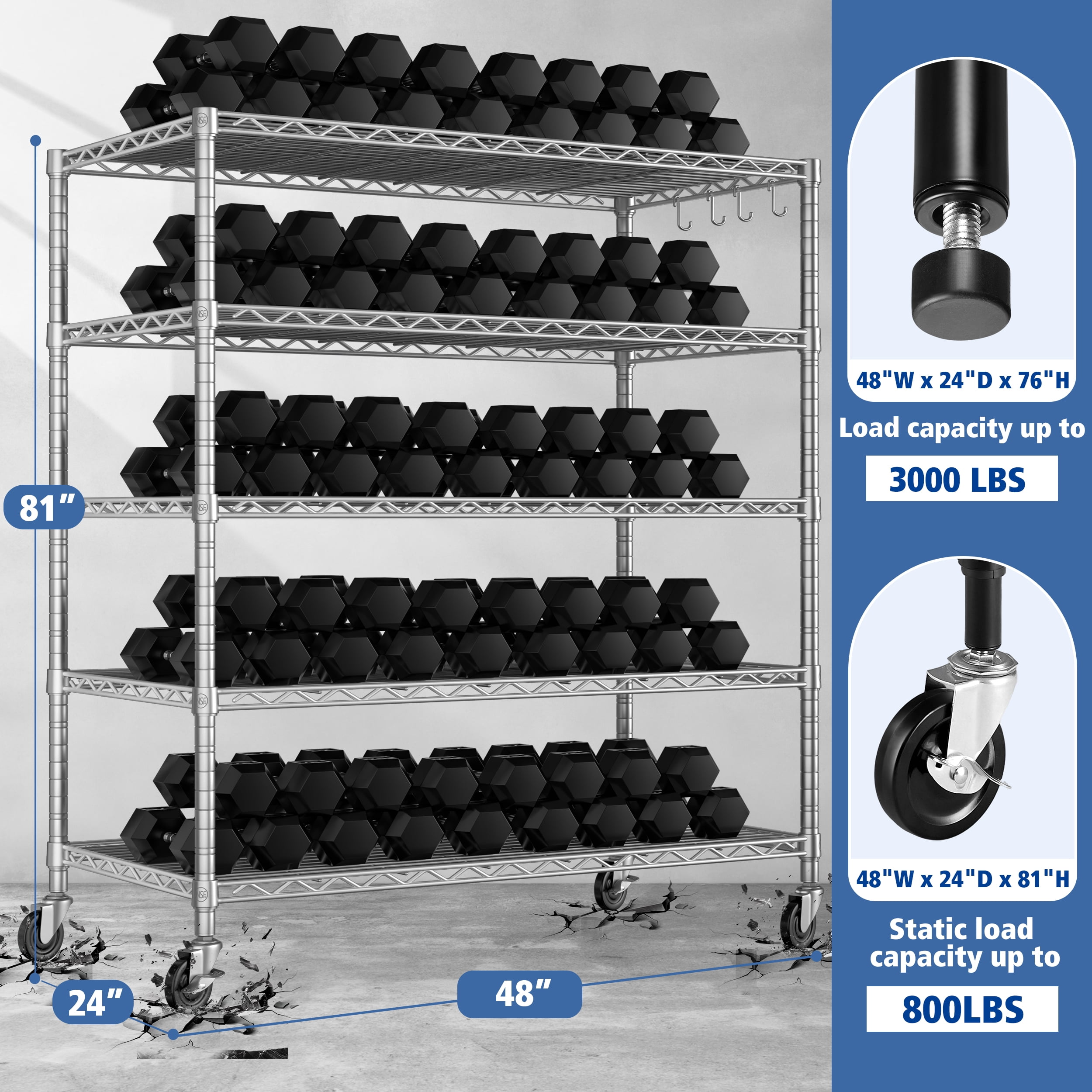 TrumanPick 76"H x 48"W x 24"D Wire Shelf, 5-Tier Adjustable Storage Shelves, Heavy Duty Garage Shelving, Metal Shelving Unit for Kitchen Pantry&Laundry, Chrome