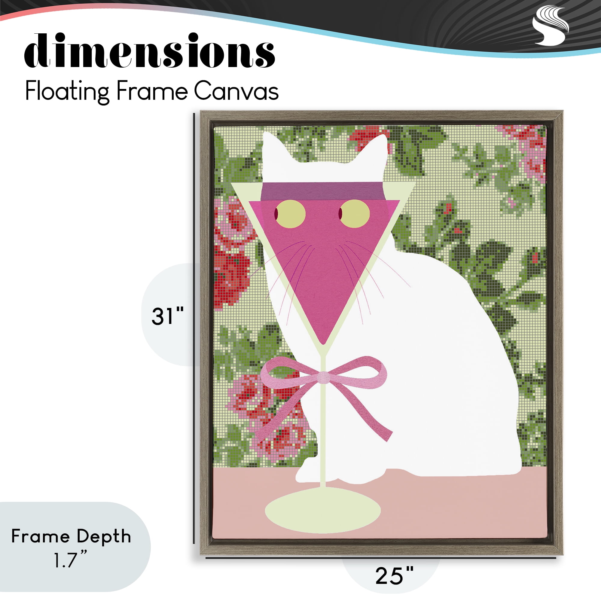 Stupell Industries White Cat with Pink Martini Brown Framed Floater Canvas Wall Art, design by Lil' Rue