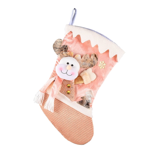 Christmas Stocking for Decor Xmas Tree,Mantel,3D Reindeer Snowman Santa Claus Design Hanging Bags,With Pink Sequins Decor
