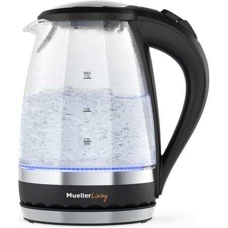 MuellerLiving Glass Kettle 1.5L 1500W LED Light Electric Tea Kettle Automatic Shut-Off with SpeedBoil Tech and Boil-Dry Protection