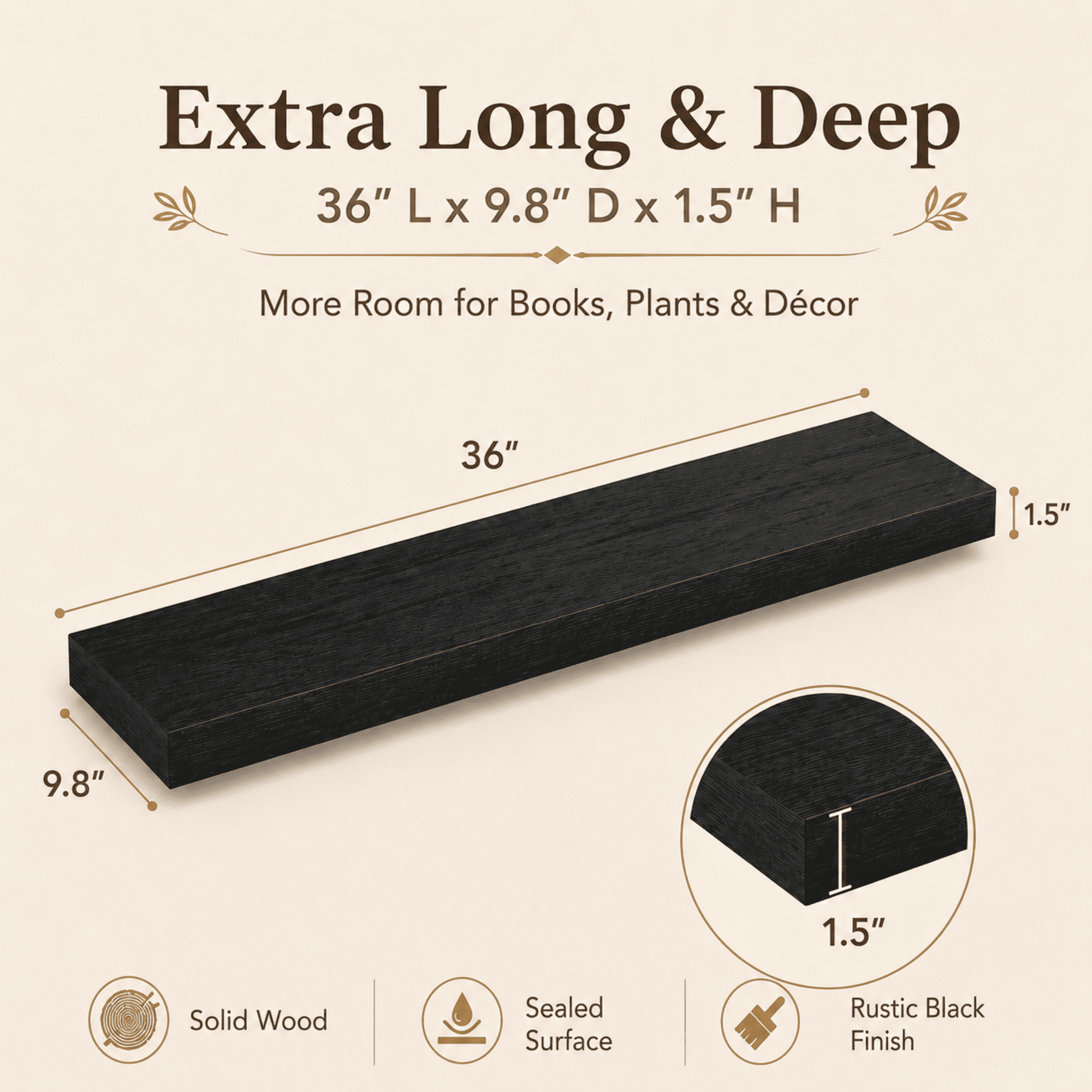 MEHOOM 36" Rustic Solid Wood Floating Shelves for Wall Set of 2, Black Book Shelves,Wall Shelves for Bathroom,Bedroom,Living Room,Kitchen,Study Room, Kids Room, Farmhouse Decor