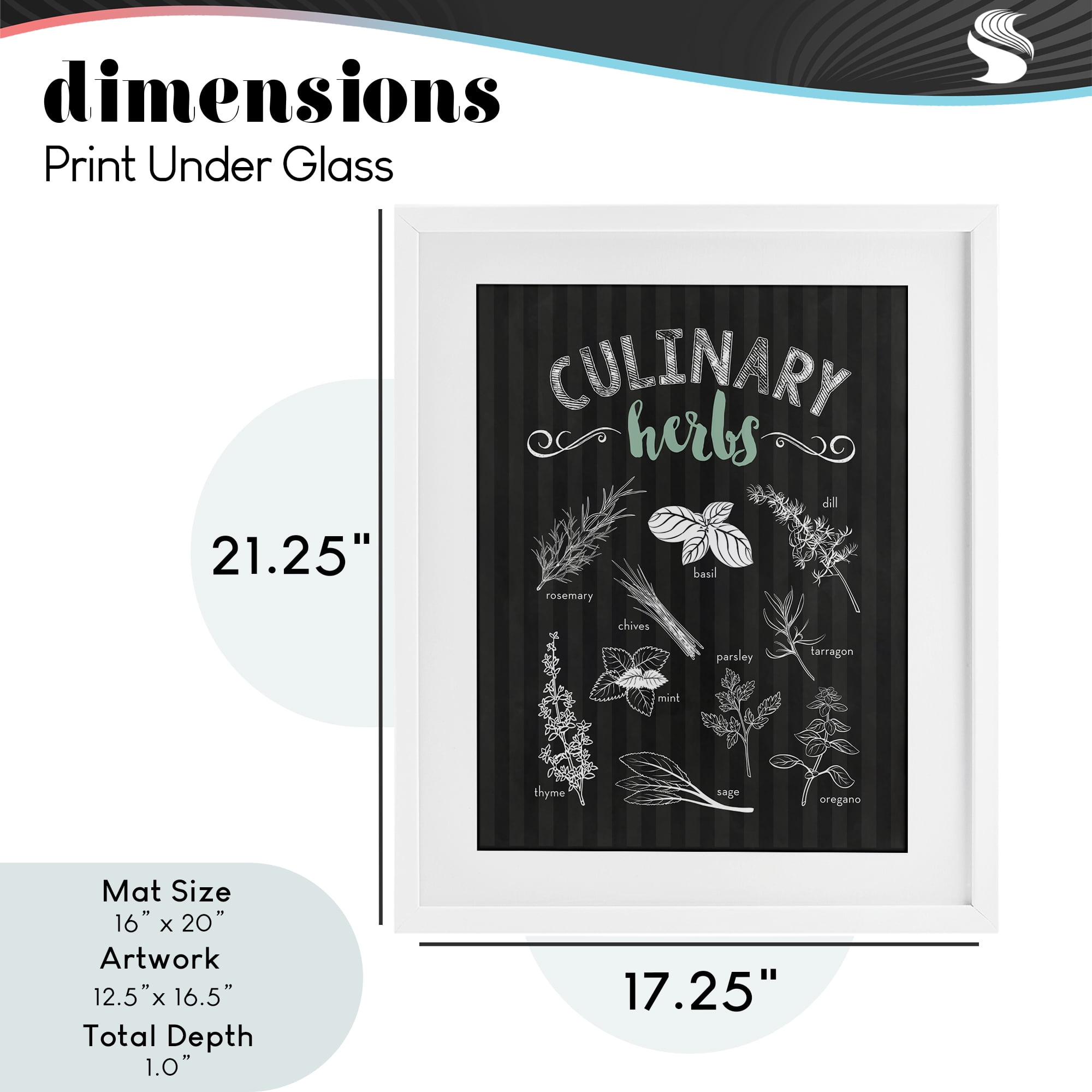 Culinary Herbs on Stripes White Framed Print Under Glass, design by Lettered and Lined
