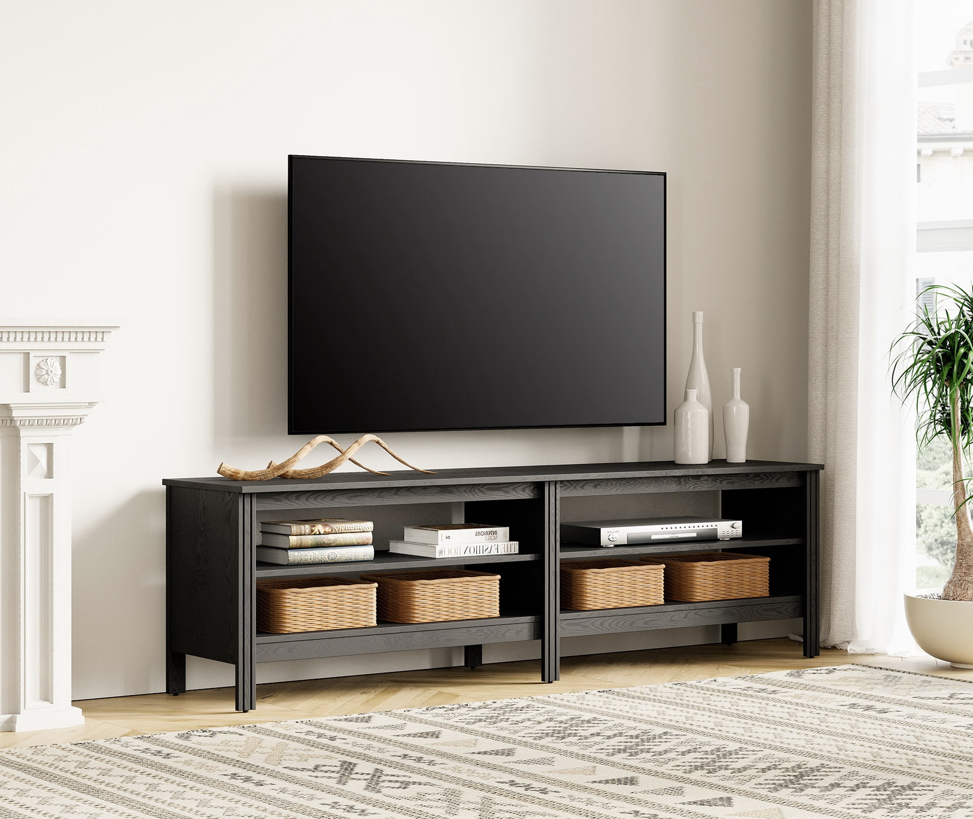 TV Stand for 75 Inch TV Entertainment Center Wood Media Table with 4 Open Shelves for Living Room, Black 70 inch Sansujyuku sansujyuku.com