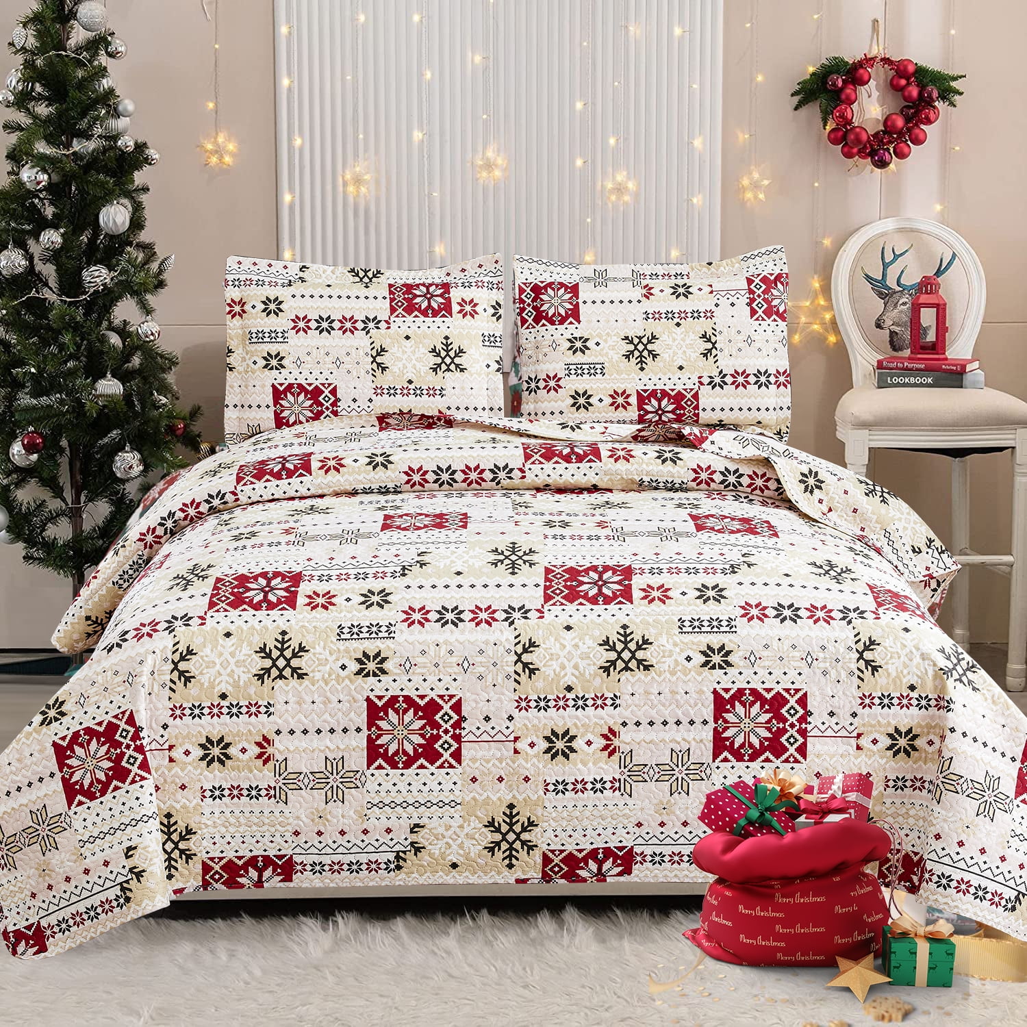 Green Essen Christmas Quilt Queen/Full Size Snowflake Bedding Set