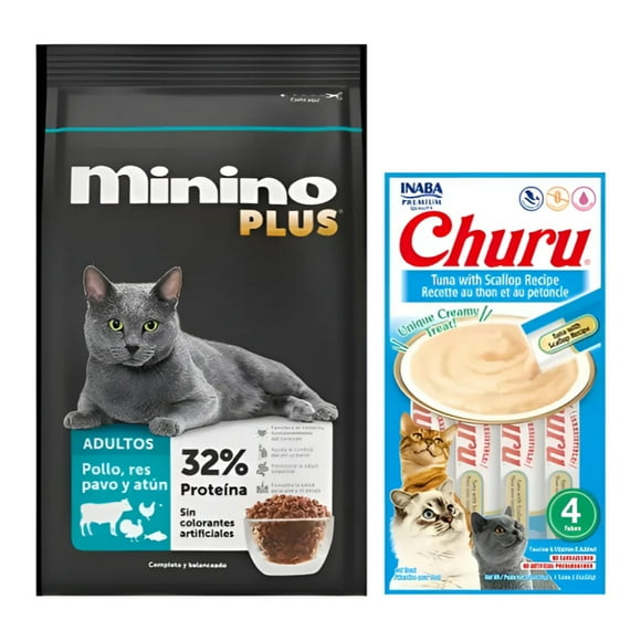 Minino Plus 10 Kg + Churu Atún con Vieira Sobre con 4 Tubos