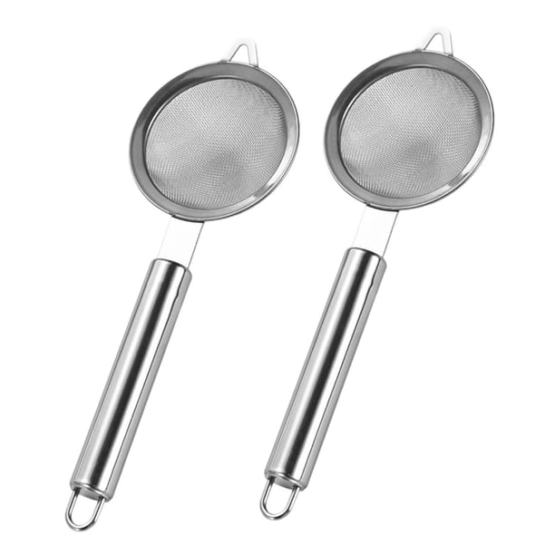 2 coladores de malla fina de acero inoxidable, coladores de alimentos, filtros de jugo multifuncionales. Mango de tubo redondo