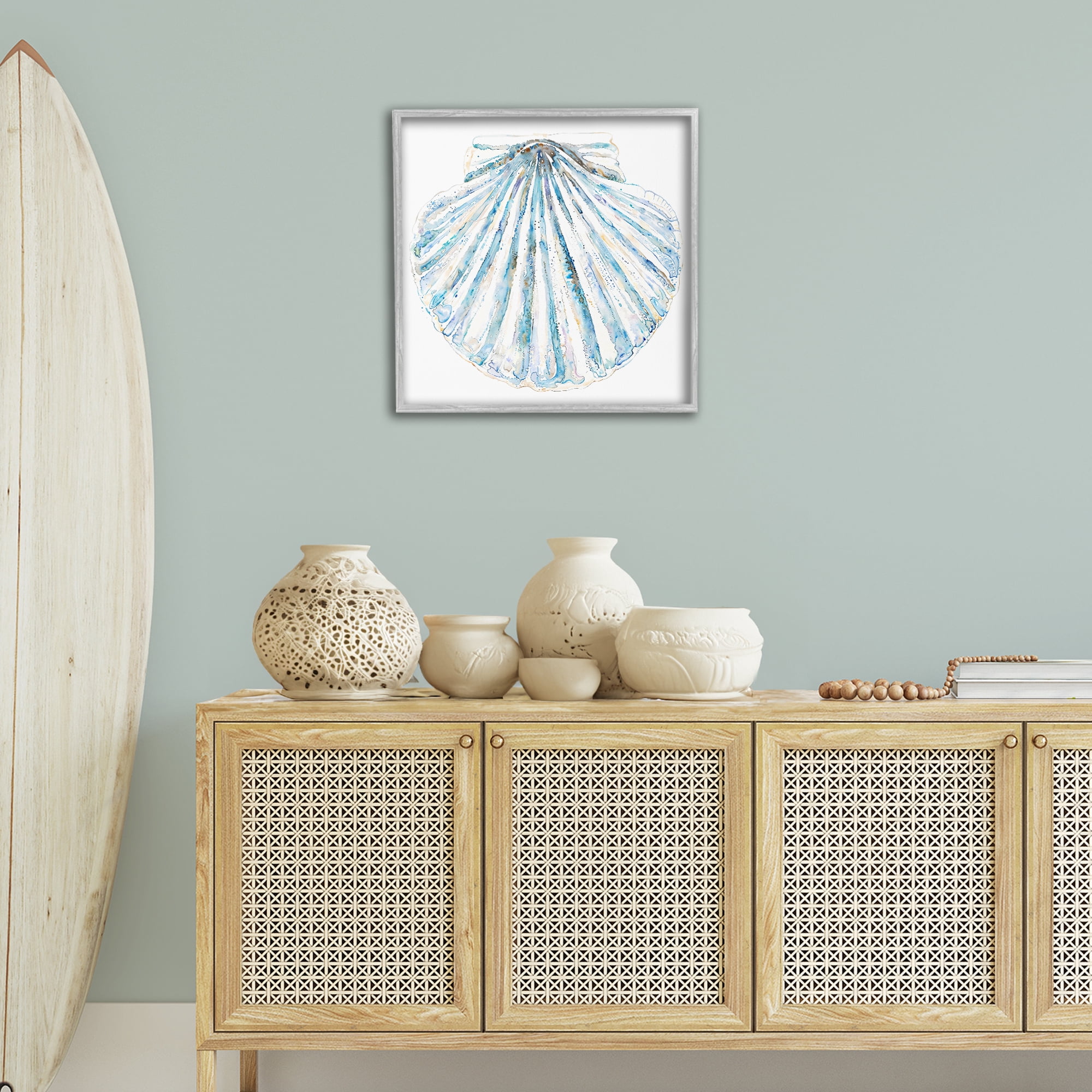 Stupell Industries Clam Shell on White Coastal Painting Gray Framed Art Print Wall Art, 24 x 24