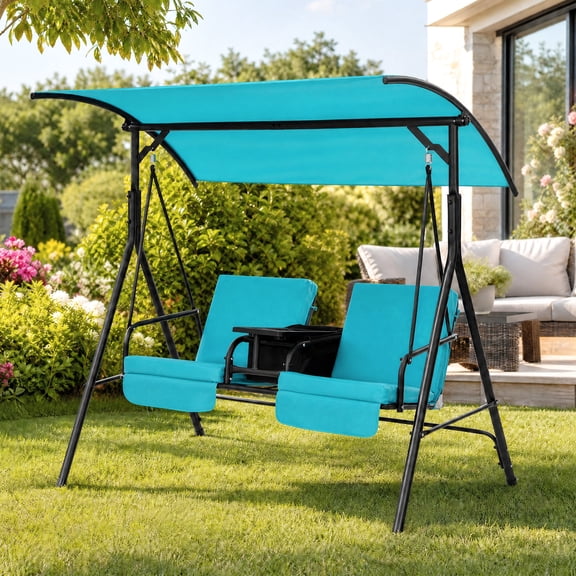ANGELES HOME 2-Seat Outdoor Patio Swing Chair, Canopy Porch Swing with Cooler Bag Rotatable Tray,Turquoise