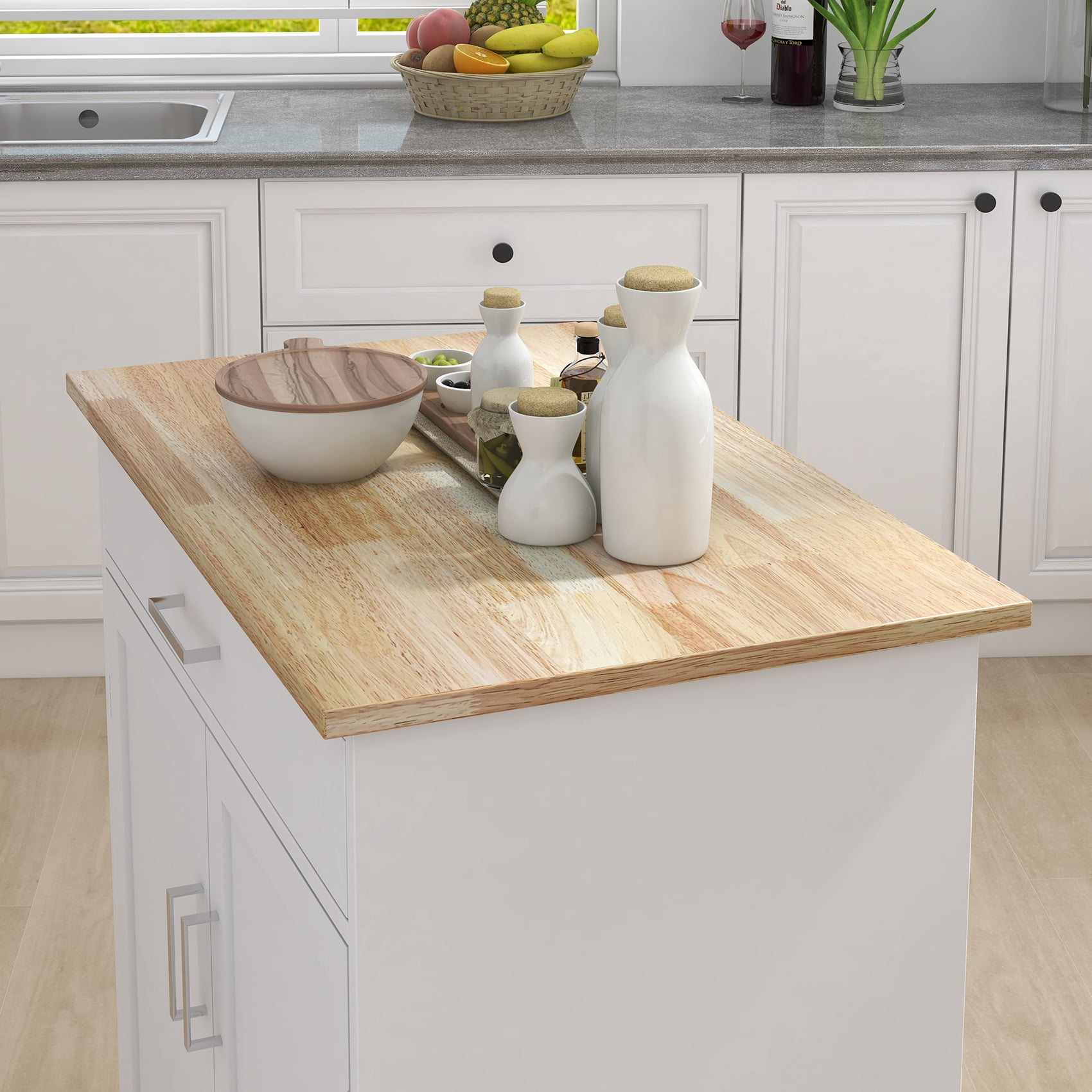 Small Kitchen Island on Wheel with Storage, Rolling Kitchen Island Cart with Drawer, Storage Cabinet and Rubber Wood Countertop, Rolling Trolley Cart with Towel Rack for Kitchen (White)
