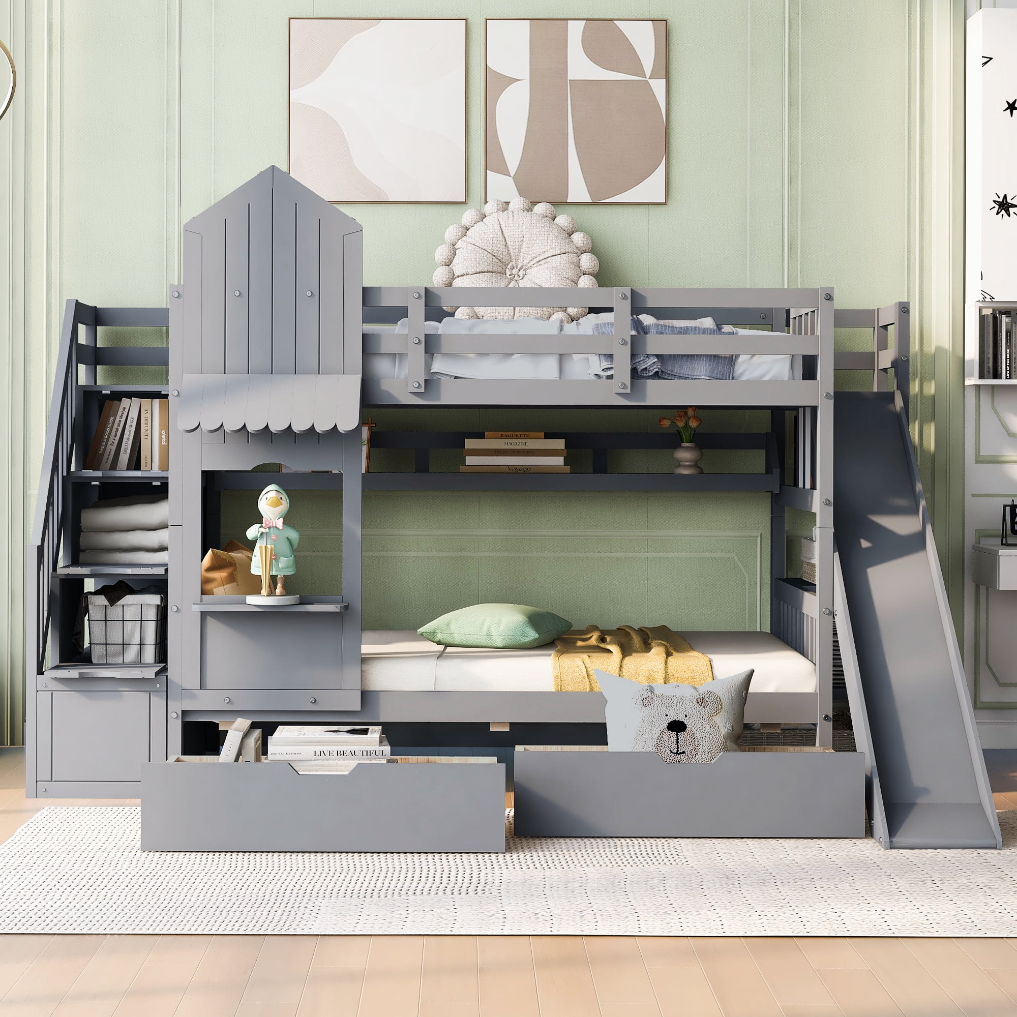 Twin over Twin Castle Style Bunk Bed with Slide and 2 Drawers, Solid Wood Princess Bed House Bunk Bed with Storage Shelves, Storage Staircase and Ladder