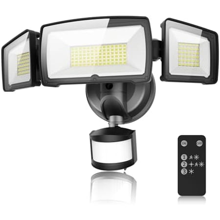 100W LED Security Lights, 11000LM Hardwired Flood Lights with Remote Control, Motion Sensor Outdoor Lights, 3 Adjustable Heads, IP66 Waterproof, Dusk to Dawn Outdoor Lighting for Yard Garage
