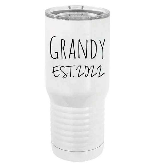 Grandy Est. 2022 Established Stainless Steel Vacuum Double-Walled Insulated 20 Oz Tumbler Travel Coffee Mug with Clear Lid, White