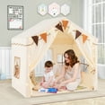thumbnail image 4 of Gymax 3-4 Kids Large Play Tent House w/ 2 Opening Doors Star Lights & Plaid Pennants Beige, 4 of 10
