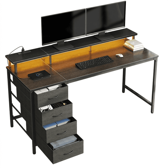 Gianna 40-Inch Computer Desk with Power Outlets and LED Lights, Gaming Desk with 4 Drawers and Monitor Stand for Small Spaces, Black