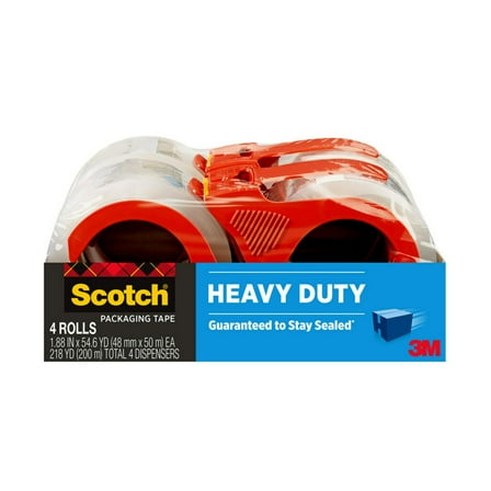 Scotch Heavy Duty Packaging Tape with Dispenser, 3" Core, Clear, 1.88 in x 54.6 yds, 4 Pack