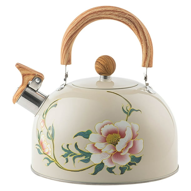 BRIGHTFUFU Tetera con silbido, tetera, hervidor de agua, tetera de cocina, tetera con patrón de flores, tetera para estufa