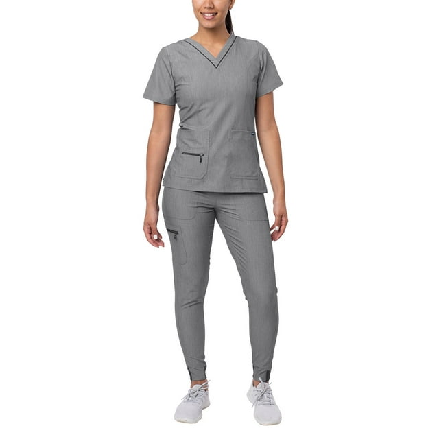 Adar Pro Flawless Plus Scrub Set For Women - Elevated V-Neck Top & Jogger Scrub Pants - P9600 - Heather Grey - L