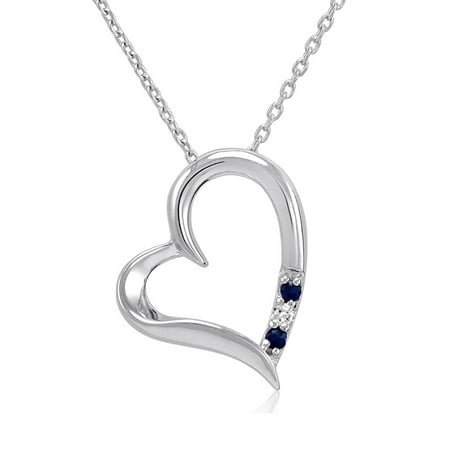 - Amanda Rose Three Stone Sapphire and Diamond Heart Pendant Necklace in Sterling Silver