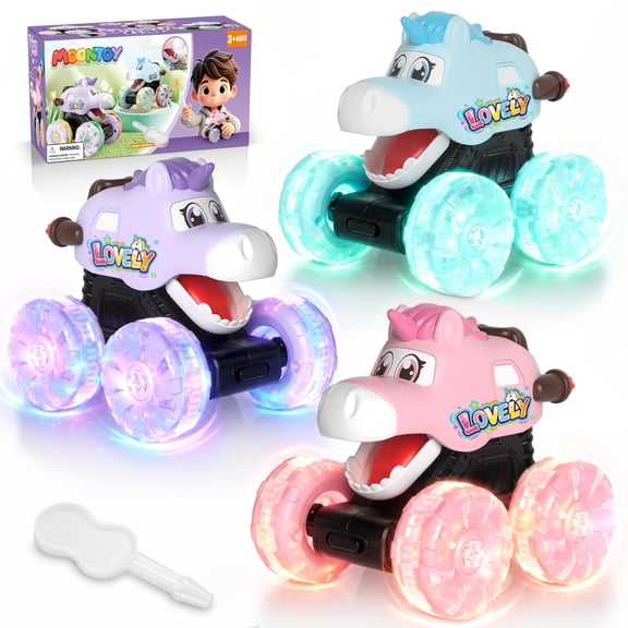 MOONTOY 3 Pack Take Apart Unicorn Monster Truck Toys for Kids Ages 3 , Light Up Press and Go Cars with Chomping Mouth, LED Glow Wheels Truck Toys for Boys Girls 3 4 5 6 7 8 Birthday Gifts