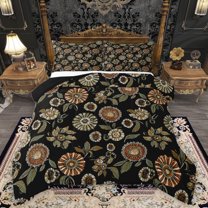 Manfei Vintage Bohemian Flower Queen Comforter Set, Black Olive Bedding Sets, Hippie Plant Botanical Reversible Bedding Comforter Set, Super Cozy Room Decor, 3pcs
