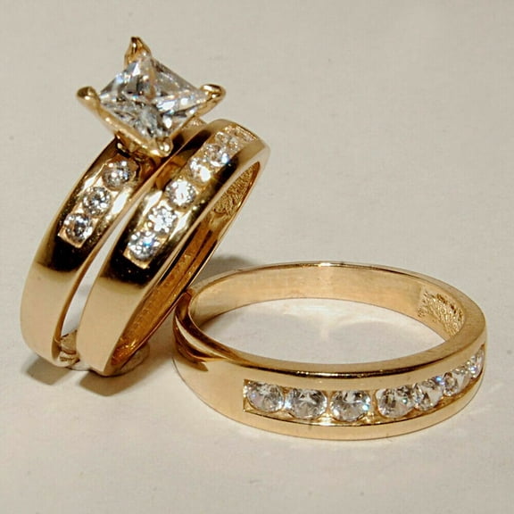 Bluebelljewels His & Her Round Cut Cubic Zirconia Engagement Trio Ring Set 14K Yellow Gold Finish
