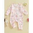 thumbnail image 4 of Baby Toddler Girl Easter Casual Jumpsuit 3 6 12 18 Months Long Sleeve Oblique Zipper Bunny Print Romper, 4 of 9