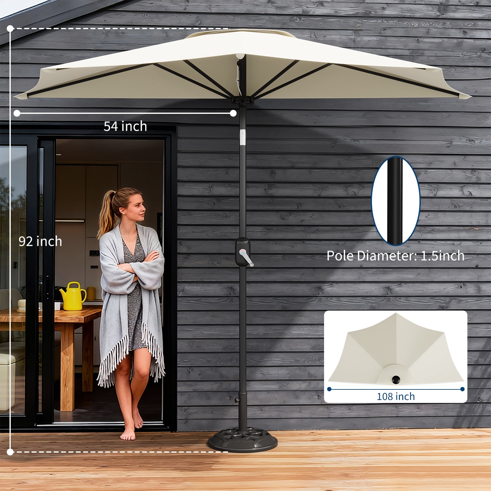 GOGRANT 9ft Beige Half-Round Market Patio Umbrella, with Crank, UV Protection
