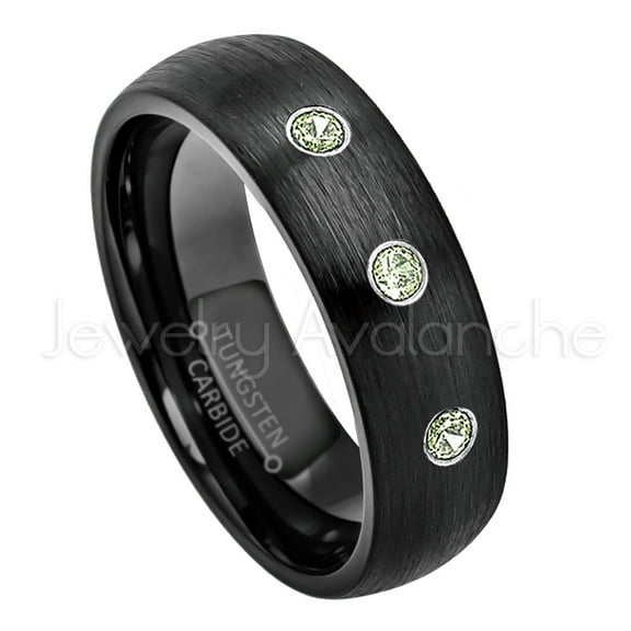 6mm Brushed Dome Black Tungsten Ring - 0.21ctw Peridot 3-stone Band - Personalized Tungsten Wedding Ring - Custom Made August Birthstone Ring TN233BS