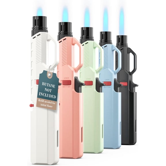 Butane Torch Lighter 5 Pack Refillable Windproof Long Jet Flame BBQ Grill Kitchen Candle Lighters Multicolor