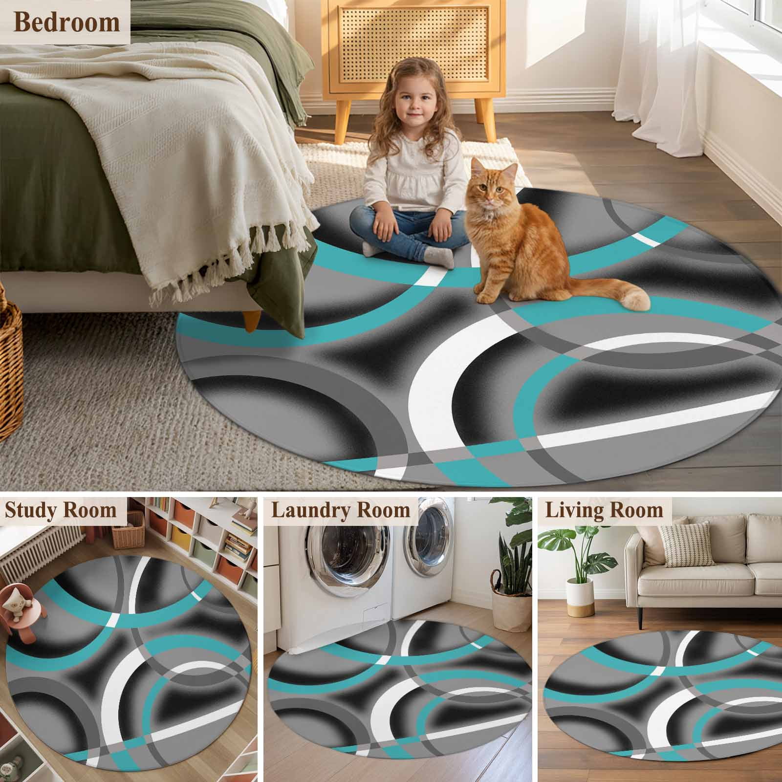 Modern Abstract Art Round Living Room Rugs 5 ft, Retro Blue Grey Geometric Circle Washable Area Rug with Non-Slip Sturdy Edge Binding Round Carpet for Entryway Kitchen Bedroom Bathroom