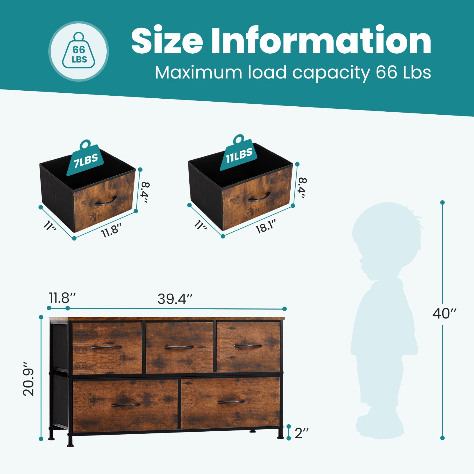 JIOABL Modern Dresser with Fabric 5-Drawer, Metal Frame, Ideal for Bedroom Storage, Rustic Brown