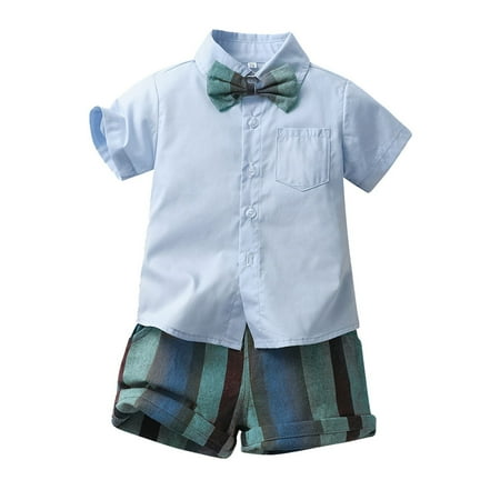

Kids Boys Summer Suit Short Sleeved Colorful Shirt With Bow Tie Navy Blue Shorts Sweat Outfit for Toddler Boys
