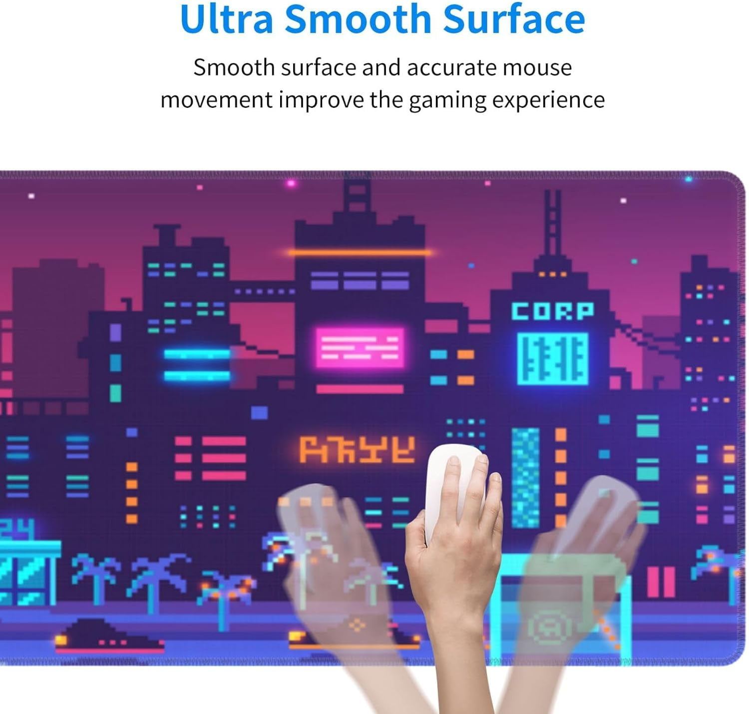 Purple Japanese City Gaming Mouse Pad XL 31.5×11.8 in Retro Pixel Neon Vaporwave Anime Street Extended Mousepad 30X80cm with Non-Slip Rubber Base Stitched Edge Large Desk Mat for Gamer Office Desk