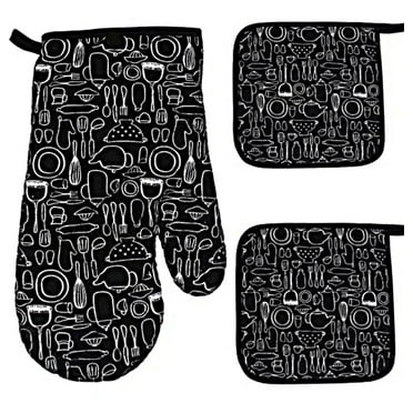 Wowstyle Kitchen Cotton Oven Mitts and Pot Holders, Black Prints, High Heat Resistant 500 Degree Oven Mitts and Potholder for Cooking, 4 Count
