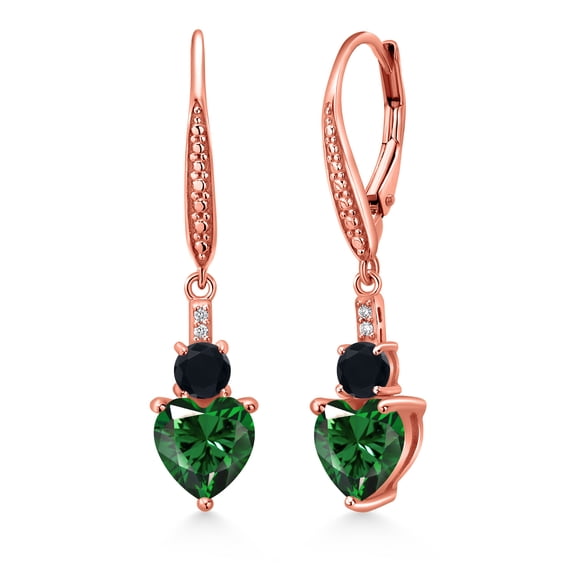 Gem Stone King 18K Rose Gold Plated Silver Green Nano Emerald Black Onyx and White Lab Grown Diamond Drop Dangle Earrings for Women (2.47 Cttw, Heart Shape 7MM, Round 4MM)