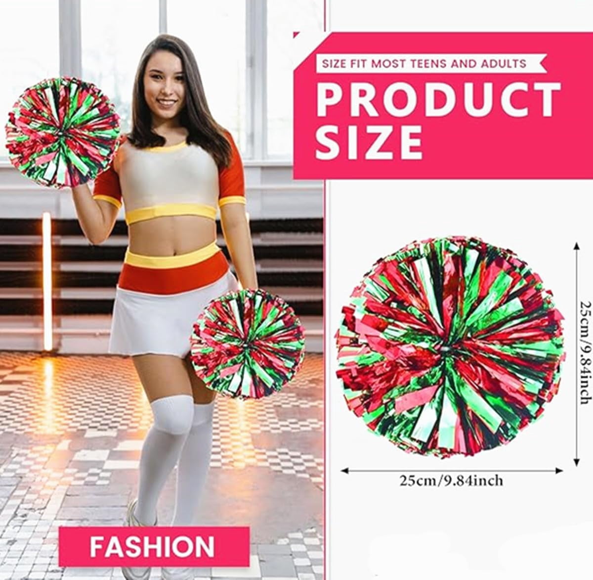 EONQY 8 Pcs Cheerleading Pom Poms Cheerleader Squad Spirited Fun Pompoms 10 Inch Metallic Foil Cheer Pom Poms with Handle Flowers for Sport Team Dance Party