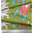 thumbnail image 2 of Soimoi Green Japan Crepe Satin Fabric Rocket & Penguin Cartoon Print Sewing Fabric Yard 42 Inch Wide, 2 of 3