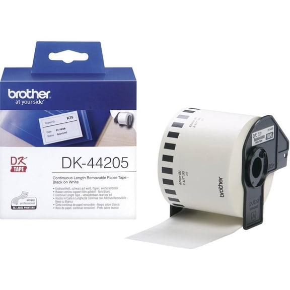 Brother DK-44205 Label Roll, Removable Continuous Length Paper, Black on White, 62 mm (W) x 30.48 m (L), Brother Genuine Supplies