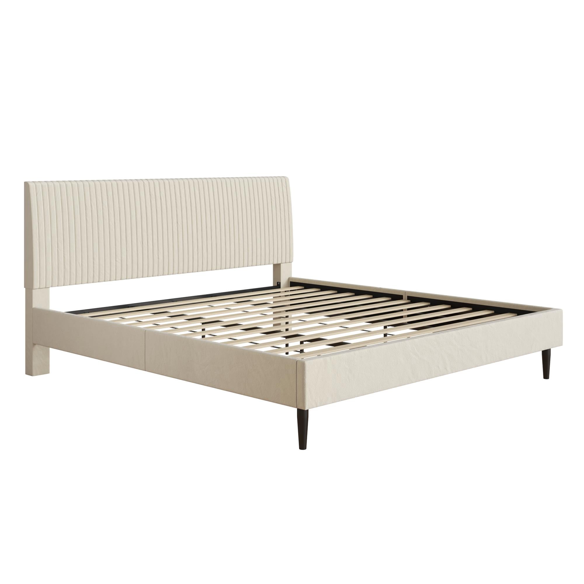 Mainstays Vera Upholstered Velvet Platform Bed, No Box Spring Required, King, Cream