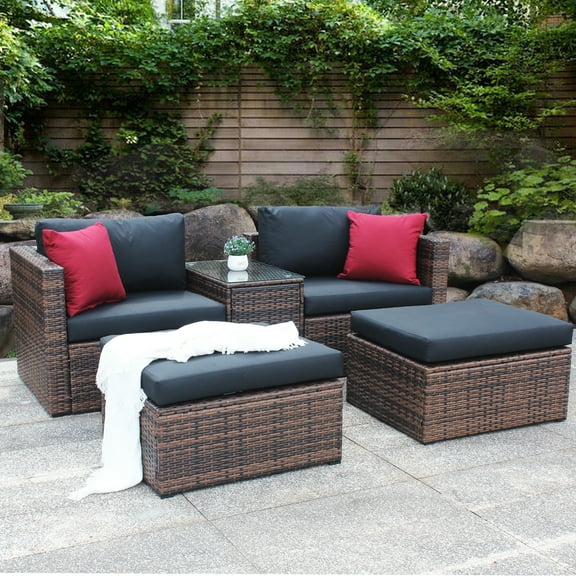 5 PCS Patio Wicker Sectional Sofa Set, Outdoor PE Rattan Conversation Furniture Set with Cushioned Chairs, Ottoman and Glass Table, All-Weather Furniture Set for Backyard, Balcony, Porch, Brown, D1046