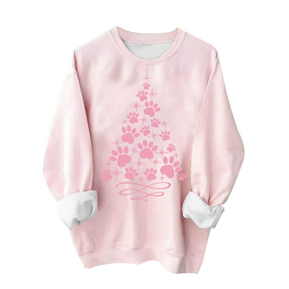 Lovskoo Sweatshirt for Women Christmas Printed Long Sleeves Blouse Round Neck Casual Tunic Tops Pink