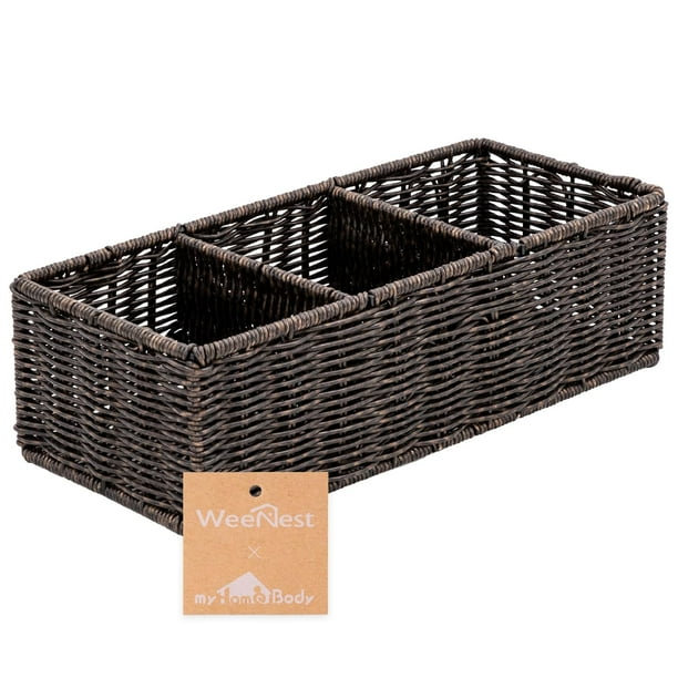 Cesta de mimbre MyHomeBody con 3 compartimentos, color marrón rústico