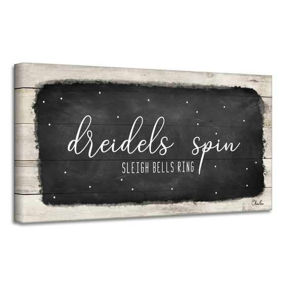 Crafted Creations White and Black 'Dreidels Spin, Sleigh Bells Ring' Hanukkah Canvas Wall Art Decor