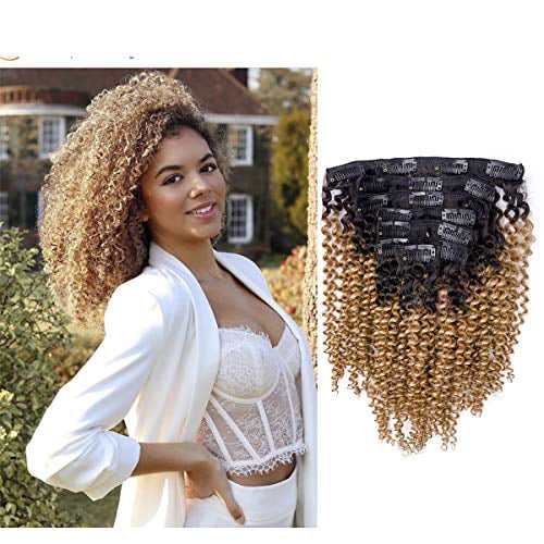 Anrosa Kinkys Curly Clip in Hair Extensions Human Hair 3C 4A Afro Kinky  Curly Clip ins Natural Hair Real Remy Thick Human Hair Extensions for Black  Women (14 inch, Ombre KC #1B/27) -