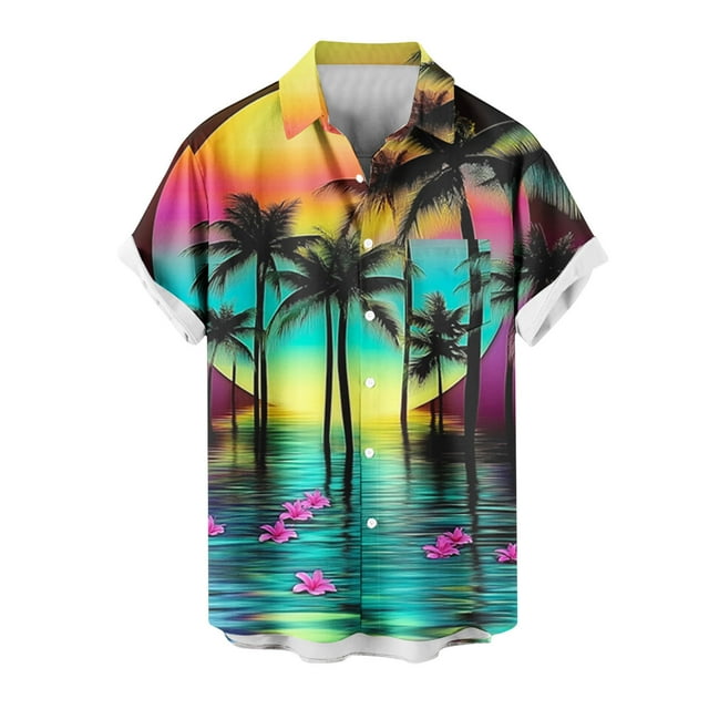 Mens Camisetas de Verano Casual Cuello Impreso Botón de Manga Corta Moda Cardigan Bolsillo Superior