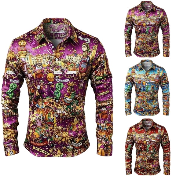 Mens Shirts Casual Carnival Stylish Big Tall Digital Print Long Sleeve Lapel Top Loose Party Daily Wear Comfortable Shirt for Men Purple L